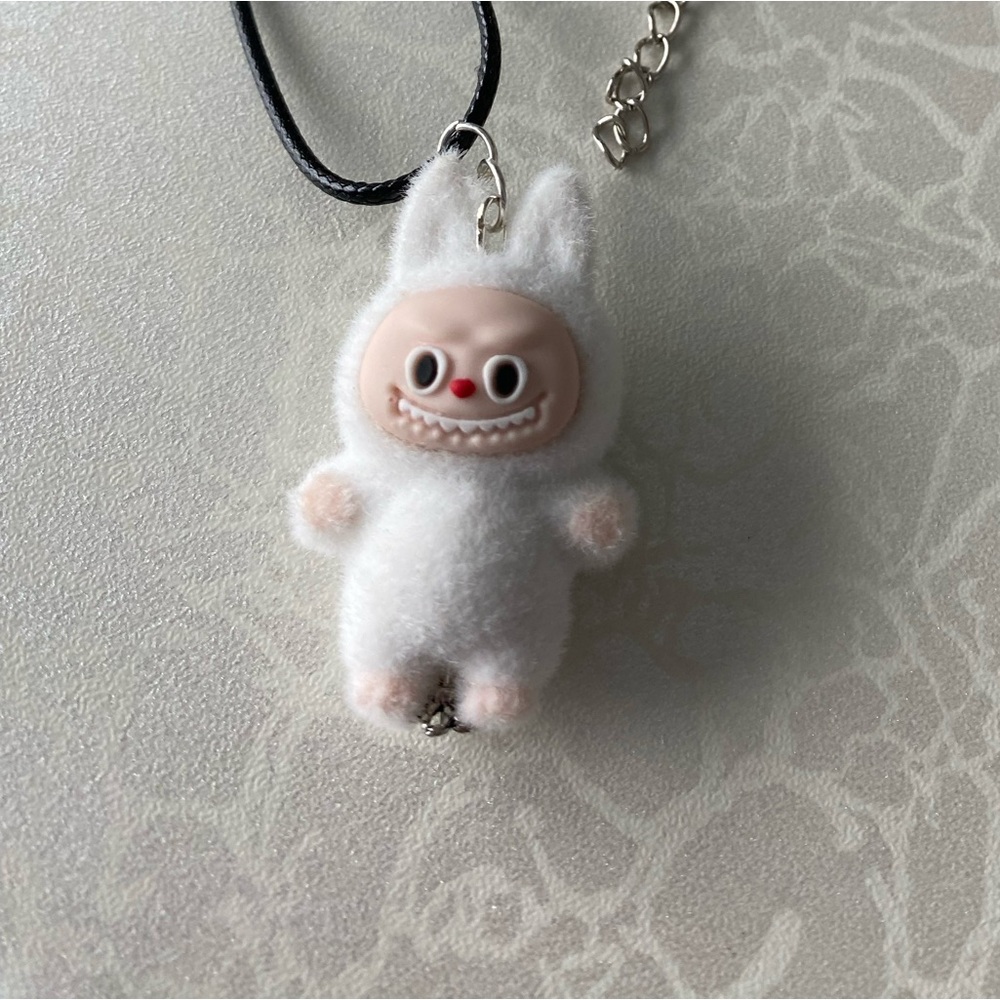 Cute White Plush Labubu Pendant Necklace